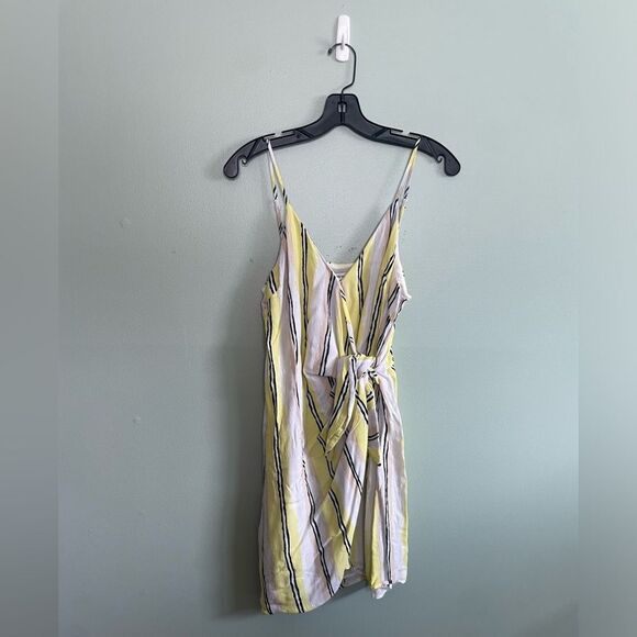 Cupcakes and Cashmere Yellow Navy Stripe Wrap Tie Front Mini Dress SZ M - Picture 1 of 7